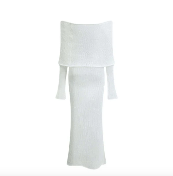 Elara Off-Shoulder Maxikleid in Creme – Eleganter Strick-Look