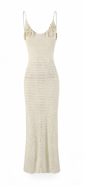 Gehäkeltes Maxikleid mit Blumendetails in Creme