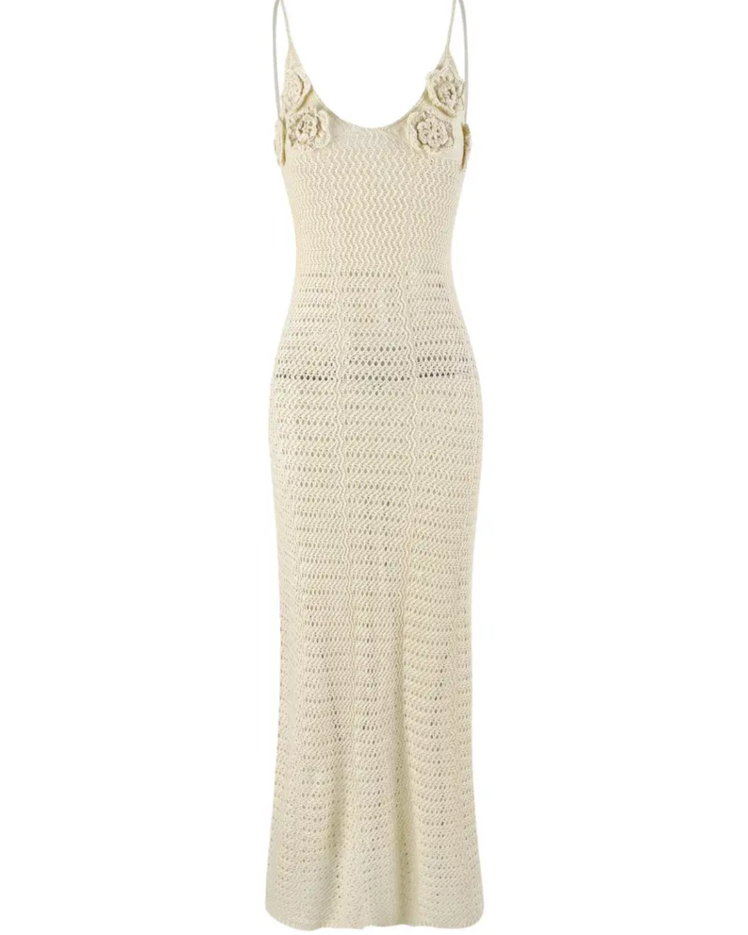 Sensdevie-Isla Makramee Maxikleid – Häkelkleid mit Blumendetails in Creme