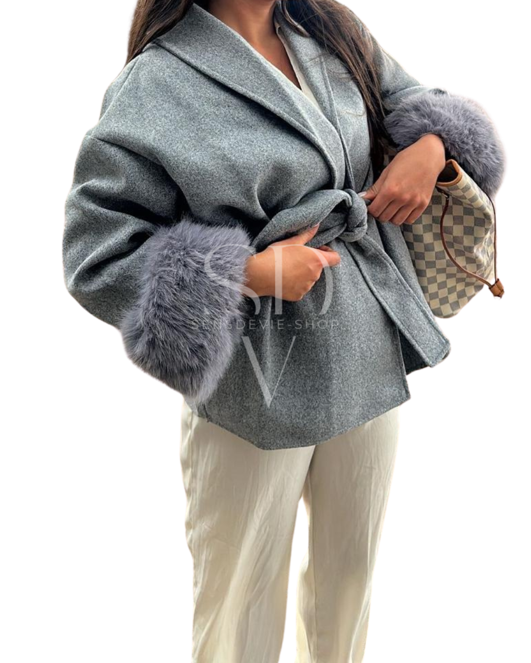 Eleganter Wollmantel mit Kunstpelzärmel